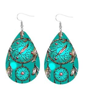 Leather Native American Dream Catcher Teardrop Drop Earrings